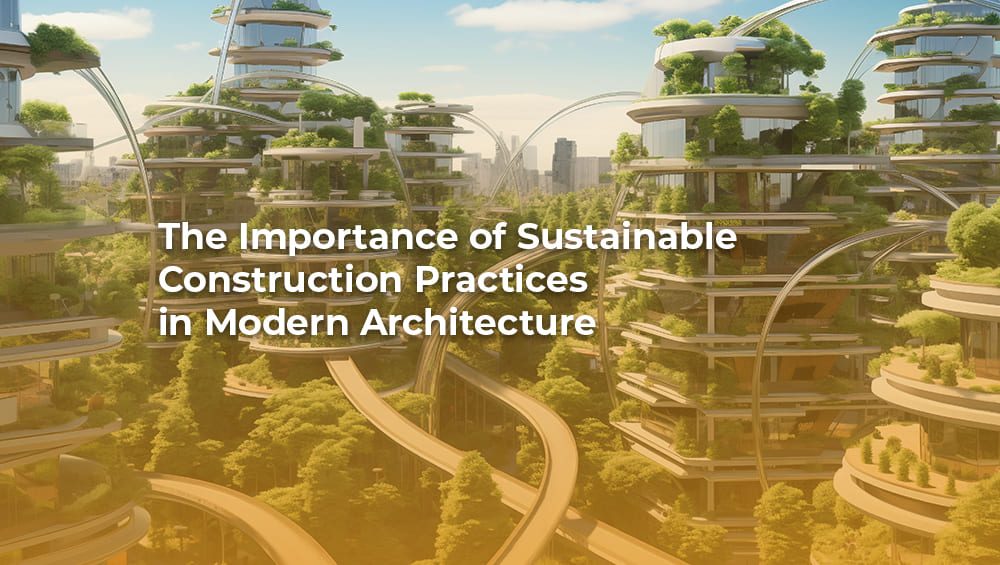 Modern building featuring green roofs and sustainable materials, showcasing sustainable construction practices.