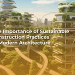 Modern building featuring green roofs and sustainable materials, showcasing sustainable construction practices.