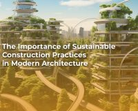 Modern building featuring green roofs and sustainable materials, showcasing sustainable construction practices.