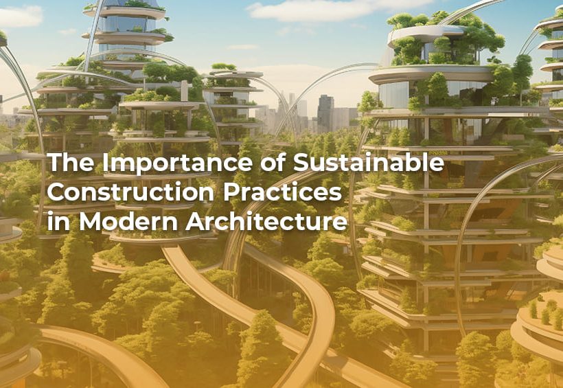 Modern building featuring green roofs and sustainable materials, showcasing sustainable construction practices.